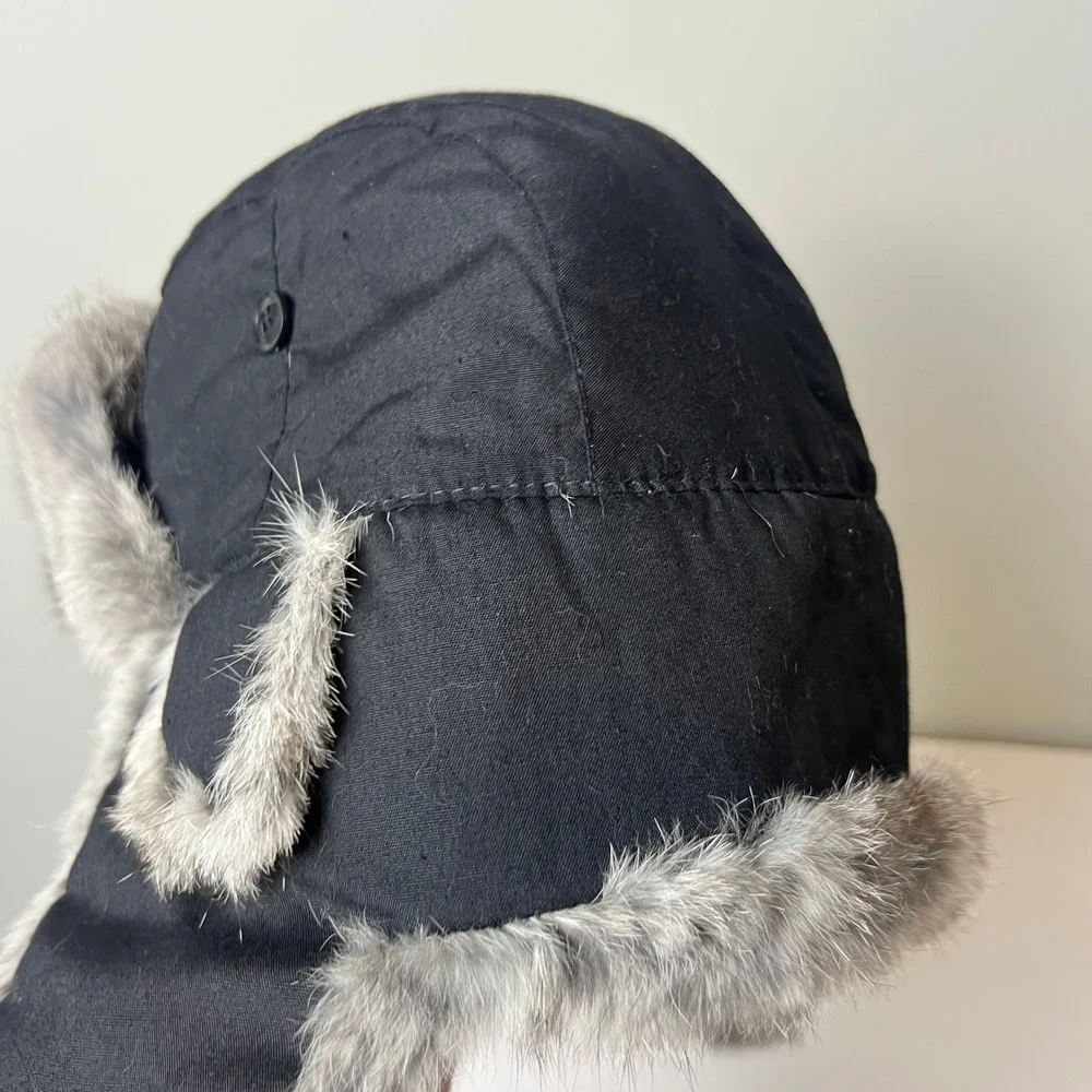 DPC Trapper Hat Mens‎ M Black Genuine Rabbit Fur Trim Aviator Winter Ushanka Cap